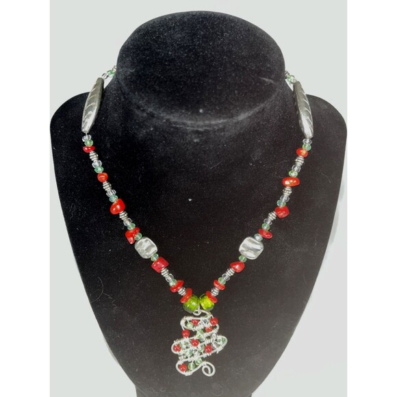 Handmade Christmas Necklace Beaded Red Green Glass & Metal Beads Holiday Tree - Picture 1 of 5